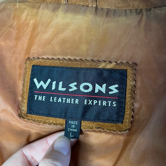Vintage Wilson’s Leather Brown Suede Fringe Trim Diagonal Snap Button Jacket - Picture 11 of 13